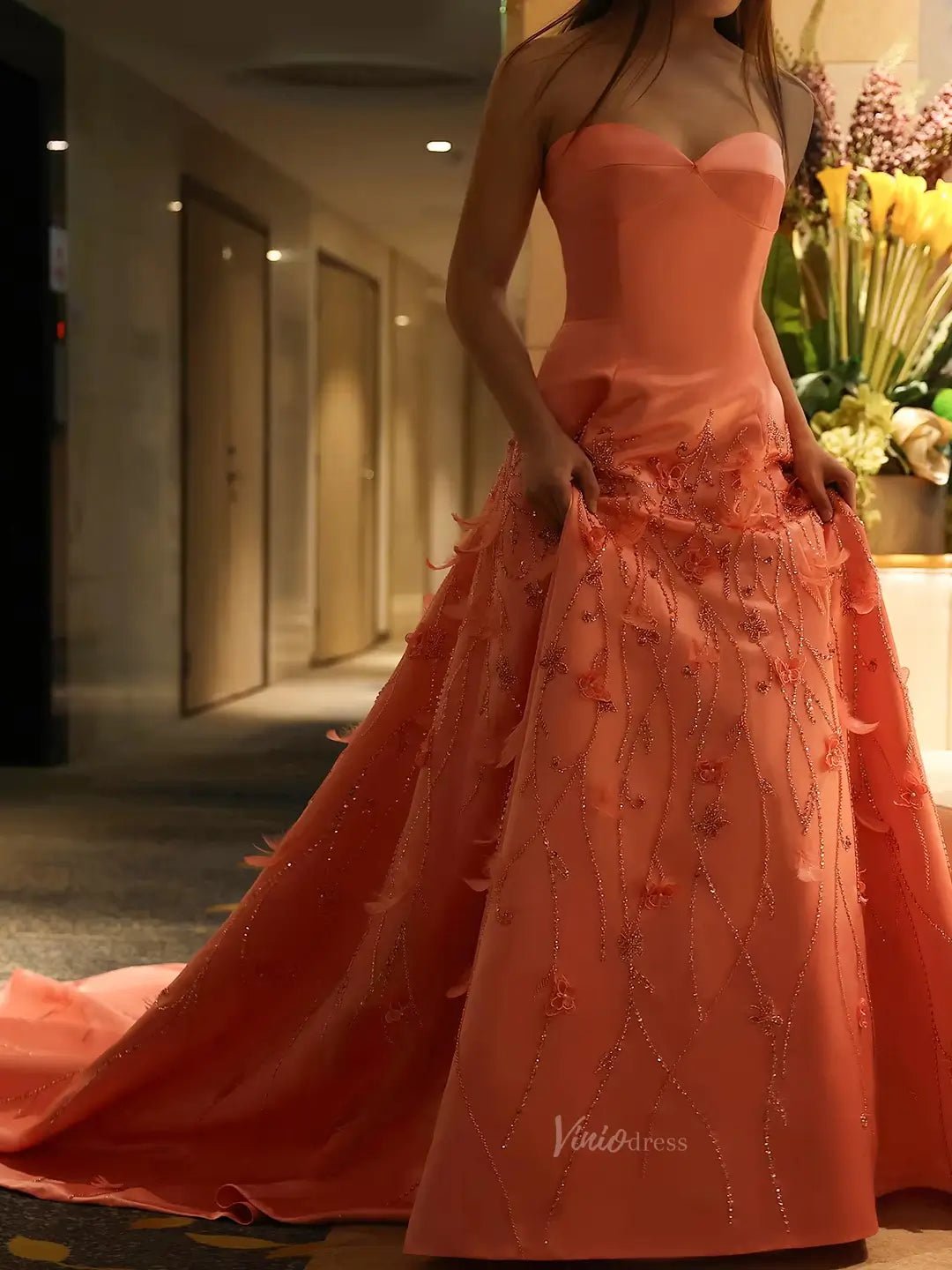 Elegant Floral Satin Prom Dresses Beaded Unique Formal Dresses BD044-Evening Dresses 2025 -Viniodress-Pink-US 2-