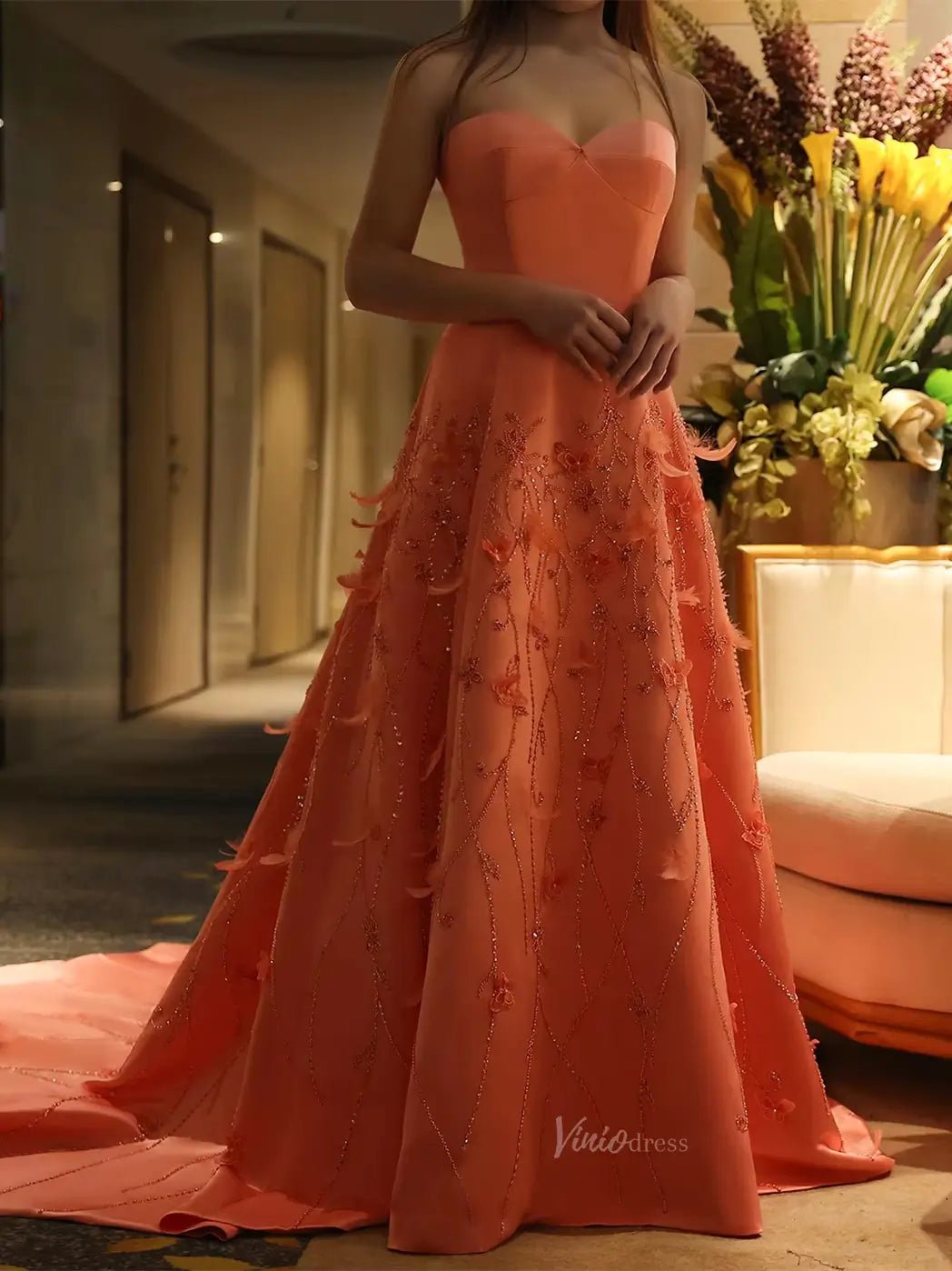 Elegant Floral Satin Prom Dresses Beaded Unique Formal Dresses BD044-Evening Dresses 2025 -Viniodress-Pink-US 2-