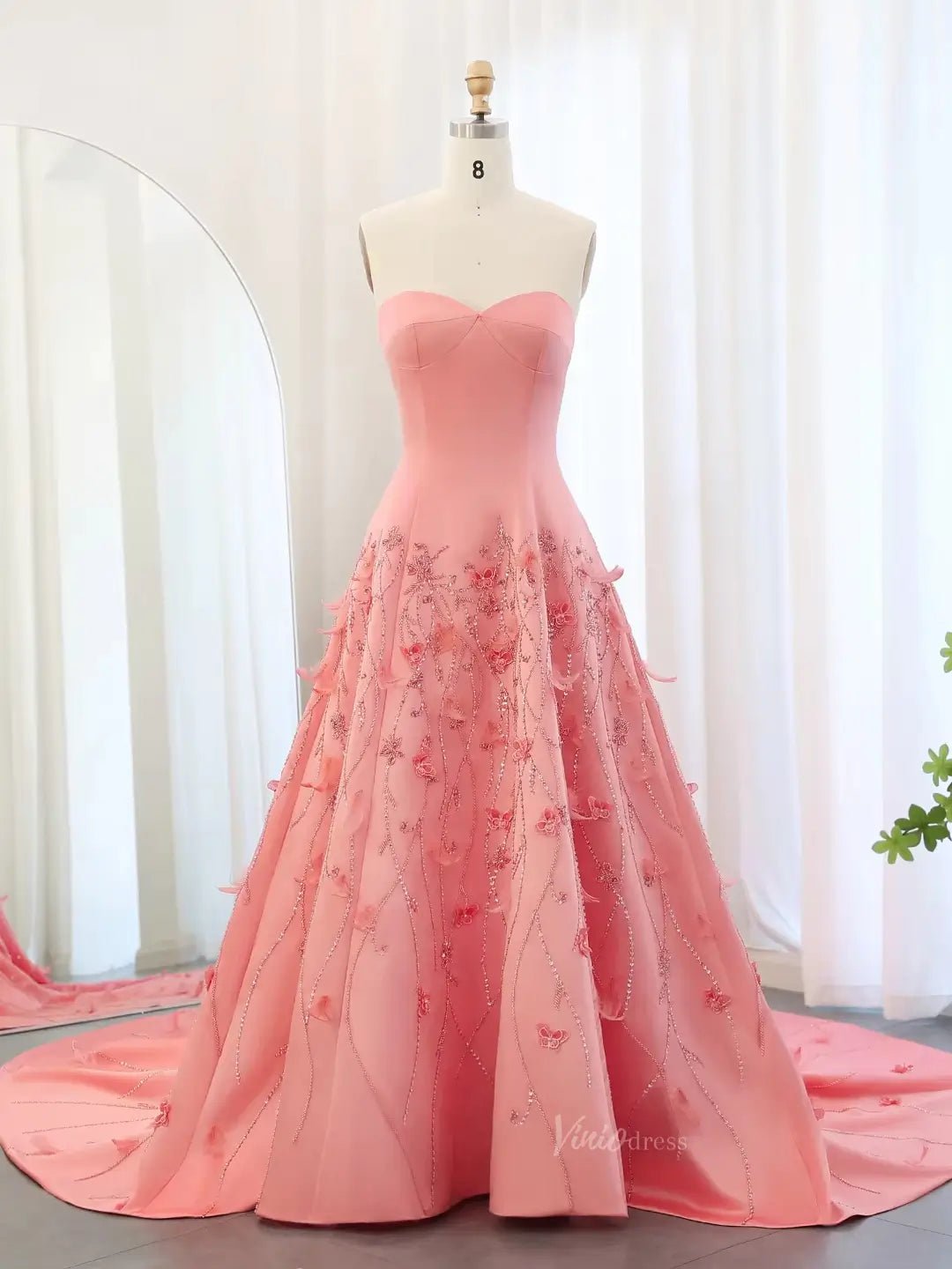 Elegant Floral Satin Prom Dresses Beaded Unique Formal Dresses BD044-Evening Dresses 2025 -Viniodress-Pink-US 2-