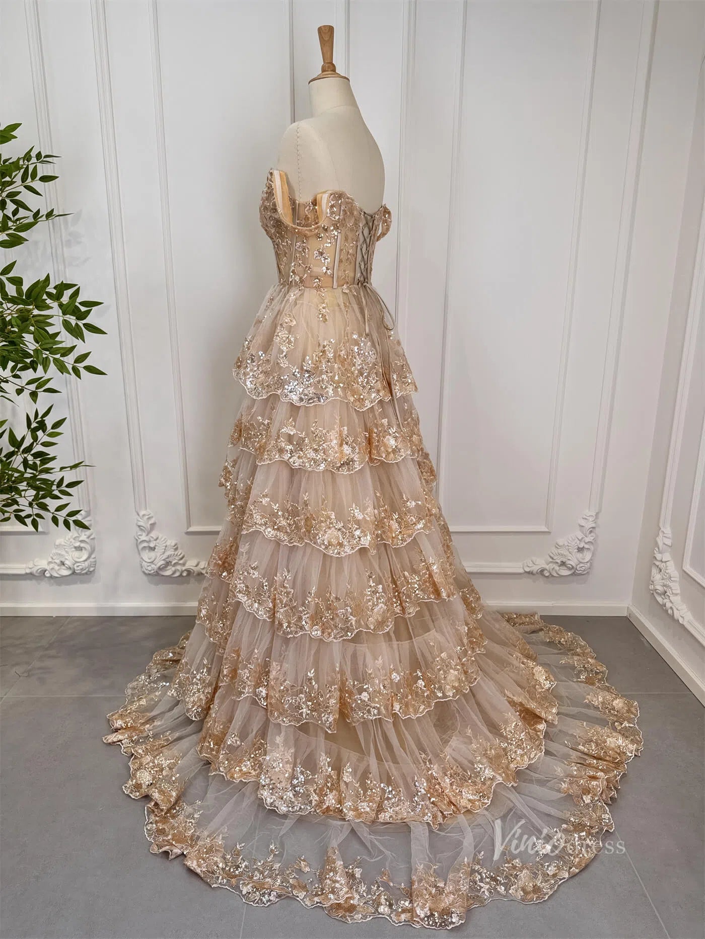 Elegant Gold Ruffle Sparkly Prom Dresses Off the Shoulder Evening Gown 80010-prom dresses 2025 -Viniodress-Gold-Custom Size-