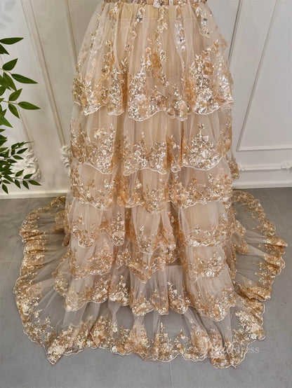 Elegant Gold Ruffle Sparkly Prom Dresses Off the Shoulder Evening Gown 80010-prom dresses 2025 -Viniodress-Gold-Custom Size-