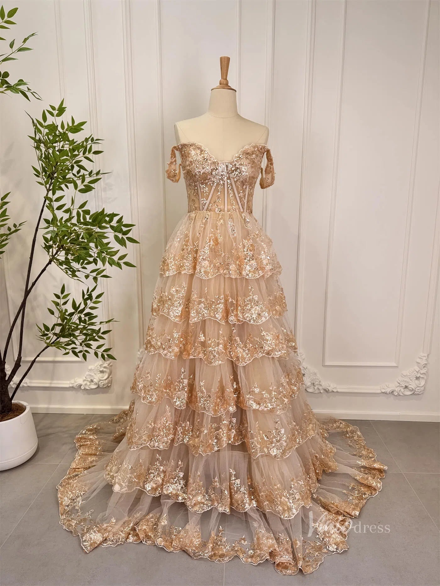 Elegant Gold Ruffle Sparkly Prom Dresses Off the Shoulder Evening Gown 80010-prom dresses 2025 -Viniodress-Gold-Custom Size-