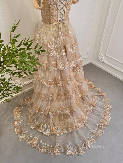 Elegant Gold Ruffle Sparkly Prom Dresses Off the Shoulder Evening Gown 80010-prom dresses 2025 -Viniodress-Gold-Custom Size-