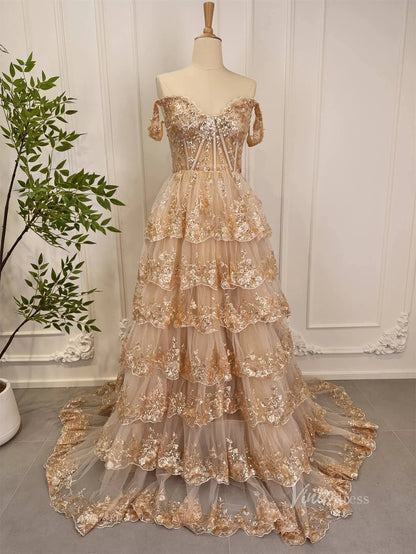 Elegant Gold Ruffle Sparkly Prom Dresses Off the Shoulder Evening Gown Viniodress Elegant Gold Ruffle Sparkly Prom Dresses Off the Shoulder Evening Gown Viniodress