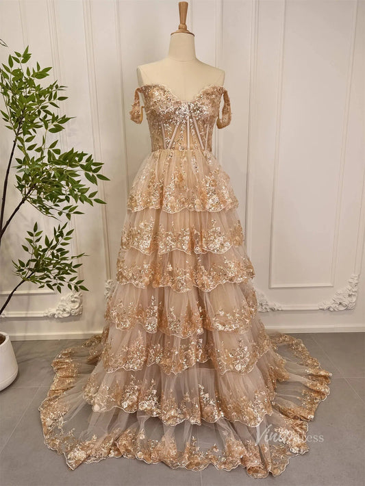 Elegant Gold Ruffle Sparkly Prom Dresses Off the Shoulder Evening Gown 80010 - Viniodressprom dressesGoldCustom Size - Formal Dresses - Ball Gowns