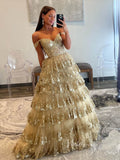 Elegant Gold Sparkly Lace Prom Dresses 2024 Off the Shoulder Ball Gown FD3635-prom dresses-Viniodress-Viniodress