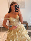 Elegant Gold Sparkly Lace Prom Dresses 2024 Off the Shoulder Ball Gown FD3635-prom dresses-Viniodress-Viniodress