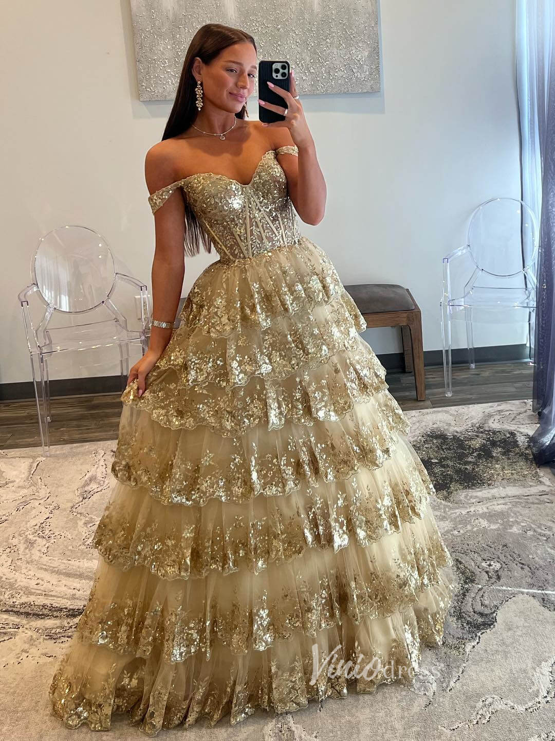 Elegant Gold Sparkly Lace Prom Dresses 2024 Off the Shoulder Ball Gown FD3635-prom dresses-Viniodress-Gold-Custom Size-Viniodress