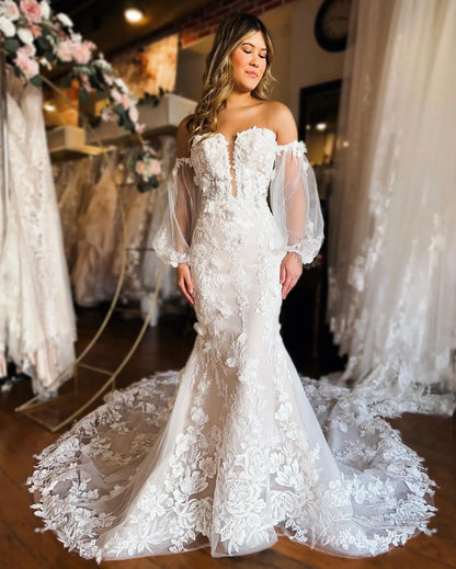 Elegant Ivory 3D Floral Mermaid Wedding Dress with Sweetheart Neckline, Chapel Train – ML150-wedding dresses 2025 -Viniodress-Ivory-Custom Size-