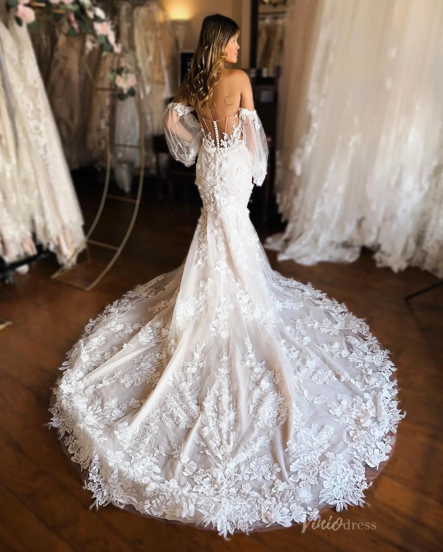 Elegant Ivory 3D Floral Mermaid Wedding Dress with Sweetheart Neckline, Chapel Train – ML150-wedding dresses 2025 -Viniodress-Ivory-Custom Size-