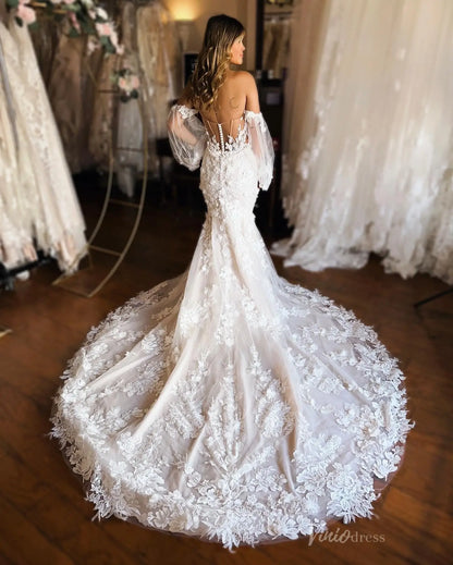 Elegant Ivory 3D Floral Mermaid Wedding Dress with Sweetheart Neckline, Chapel Train – ML150-wedding dresses 2025 -Viniodress-Ivory-Custom Size-