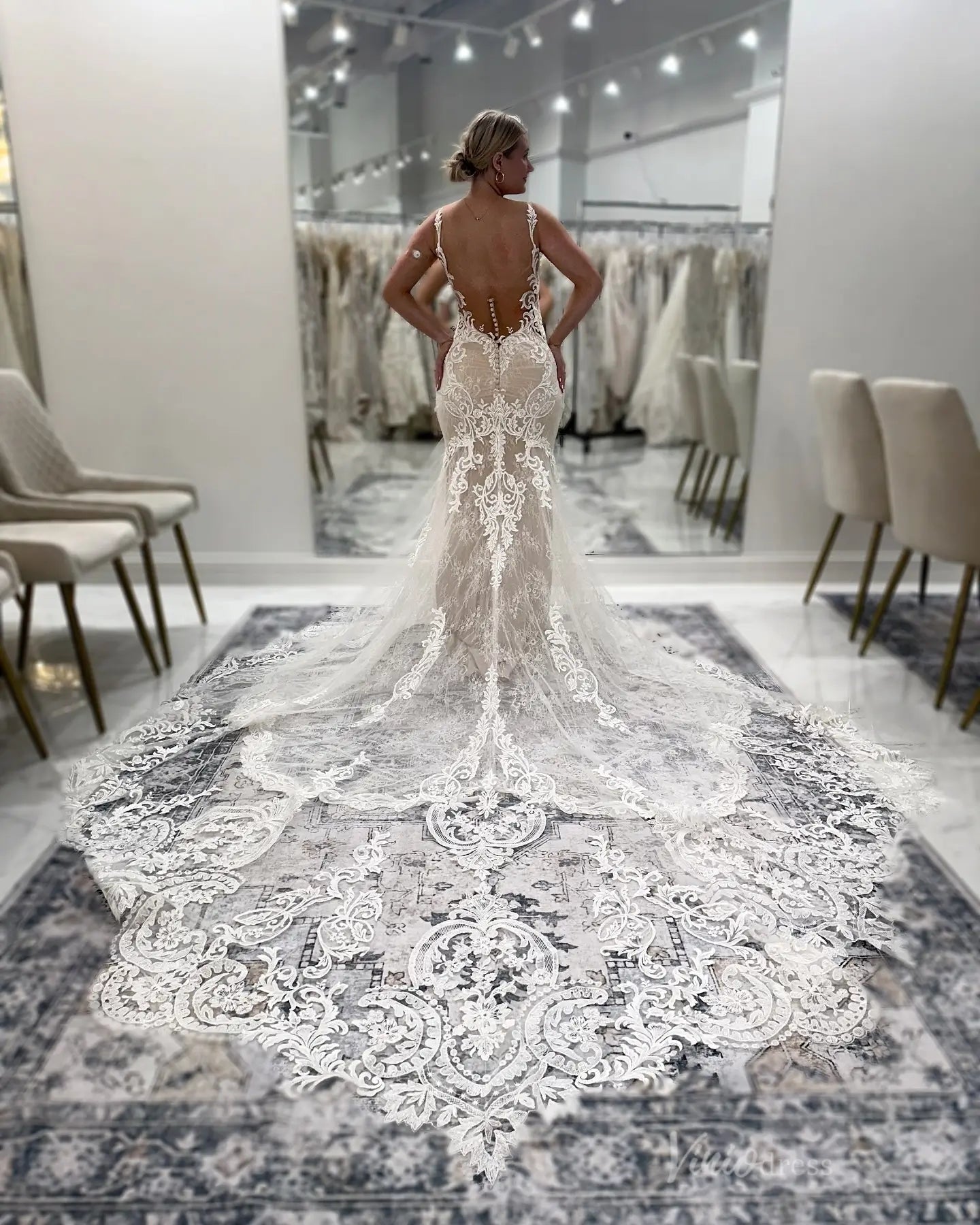 Elegant Ivory Baroque Lace Fit-and-Flare Wedding Dress with Illusion Bodice & Cathedral Train – ML153-wedding dresses 2025 -Viniodress-Ivory-Custom Size-