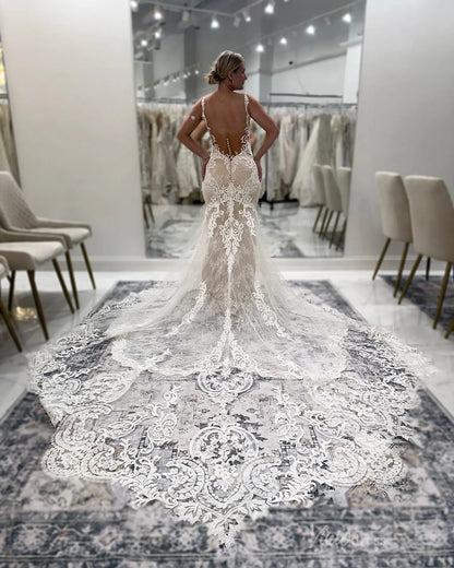 Elegant Ivory Baroque Lace Fit-and-Flare Wedding Dress with Illusion Bodice & Cathedral Train – ML153-wedding dresses 2025 -Viniodress-Ivory-Custom Size-