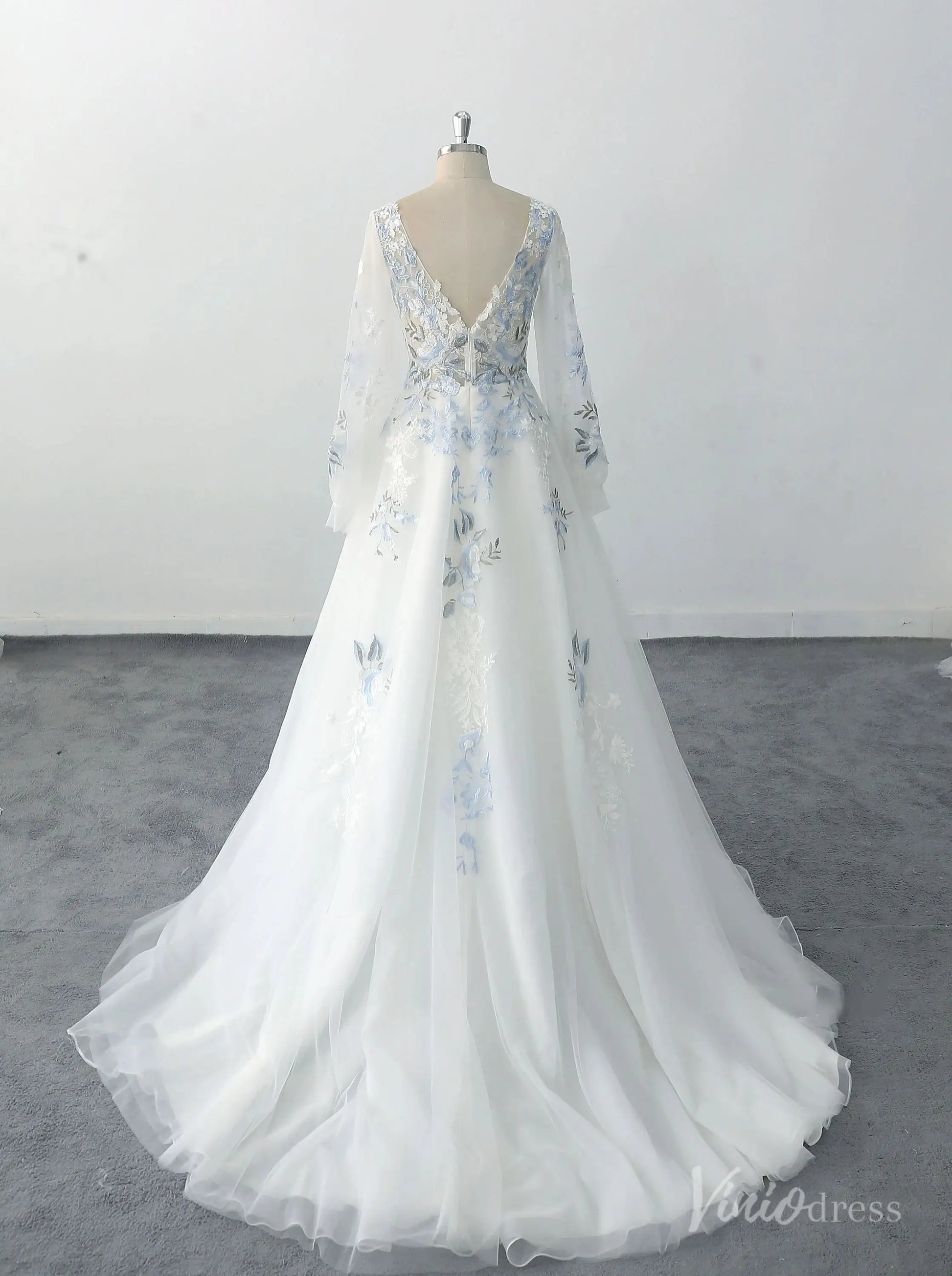 Elegant Ivory Blue Floral Wedding Dress with Long Sleeves, V-Neck Lace Bodice, and Sheer Overlay – FW226-wedding dresses 2025 -Viniodress-Ivory-Custom Size-