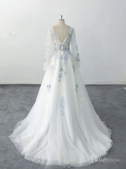 Elegant Ivory Blue Floral Wedding Dress with Long Sleeves, V-Neck Lace Bodice, and Sheer Overlay – FW226-wedding dresses 2025 -Viniodress-Ivory-Custom Size-
