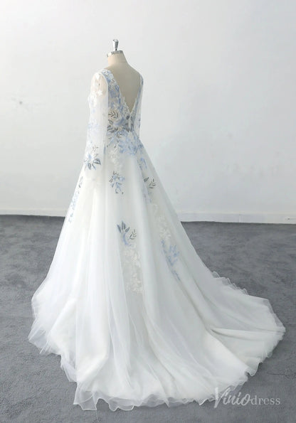 Elegant Ivory Blue Floral Wedding Dress with Long Sleeves, V-Neck Lace Bodice, and Sheer Overlay – FW226-wedding dresses 2025 -Viniodress-Ivory-Custom Size-
