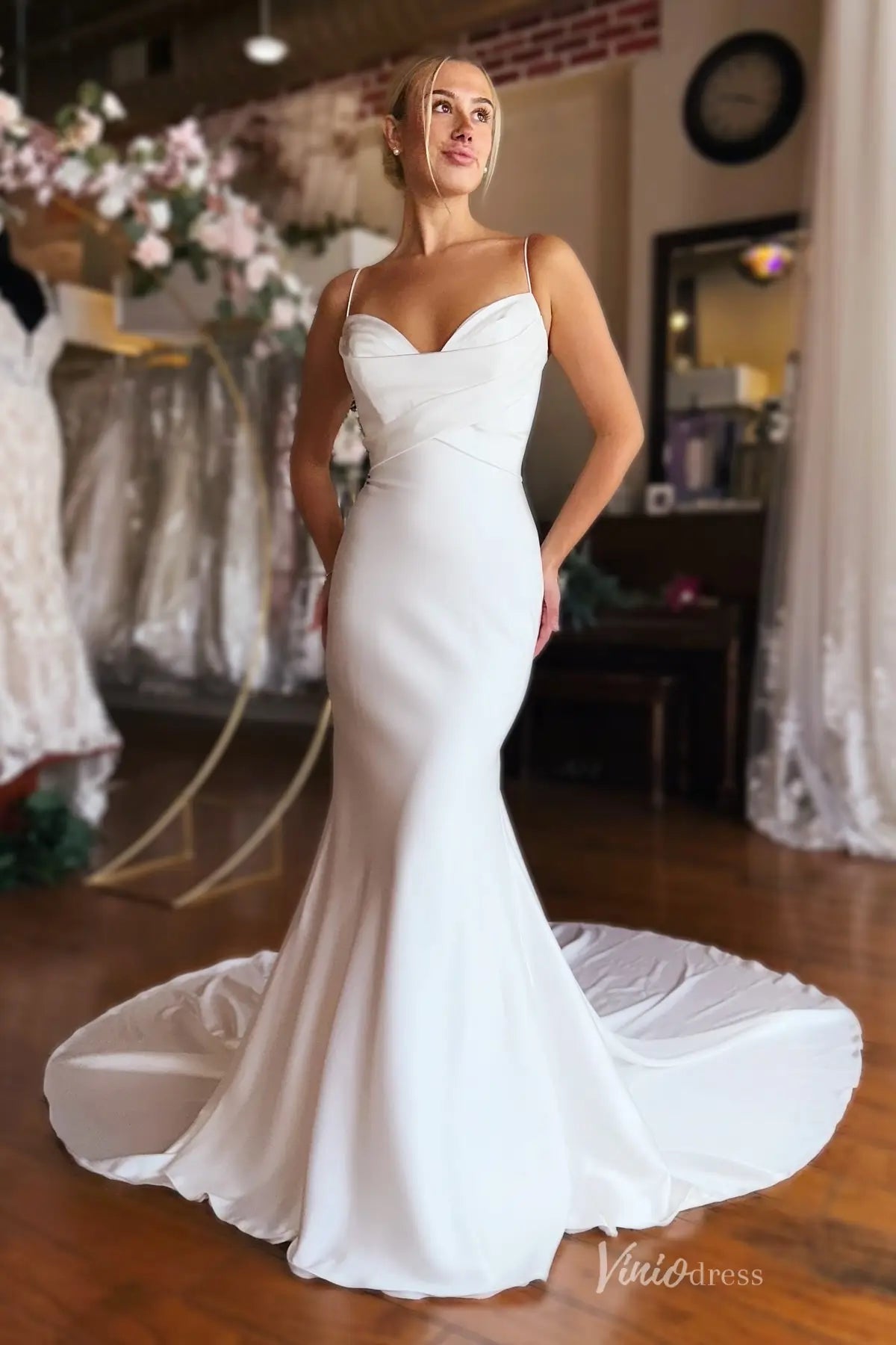 Elegant Ivory Crepe Mermaid Wedding Dress with Draped Sweetheart Bodice, Spaghetti Straps, Bow-Tie Back & Chapel Train – MN143
