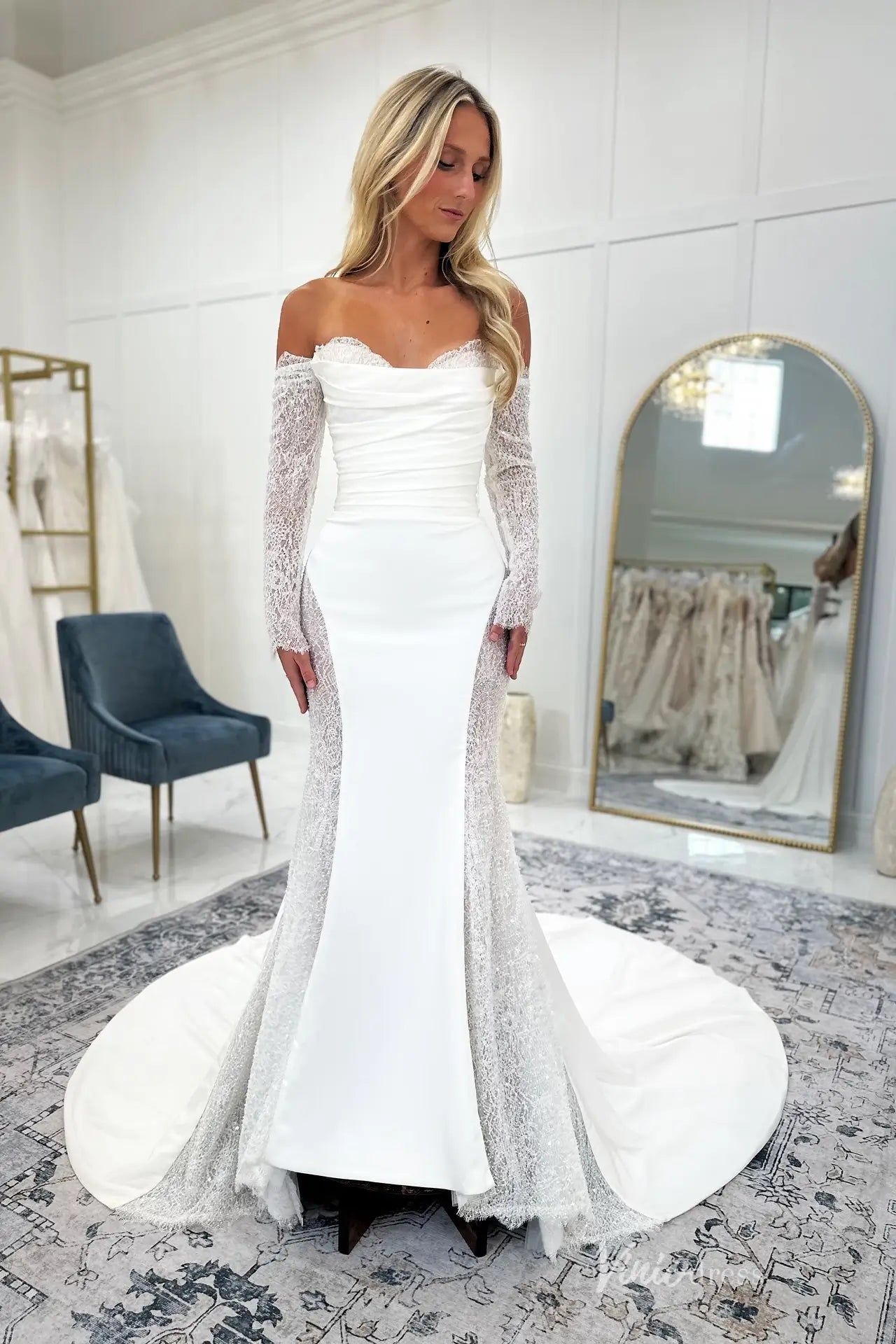 Elegant Ivory Crepe Mermaid Wedding Dress with Long Lace Sleeves, Sheer Lace Side Panels, Ruched Bodice – ML181