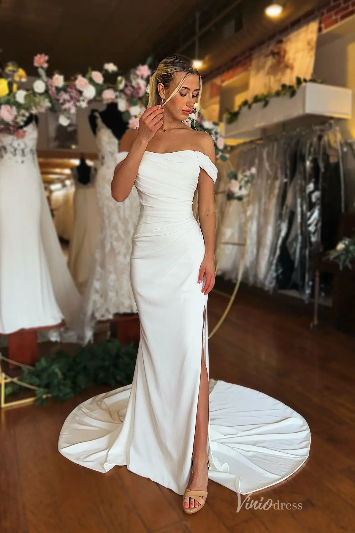 Elegant Ivory Crepe Mermaid Wedding Dress with Off-the-Shoulder Draped Bodice, High Slit & Chapel Train – MN146