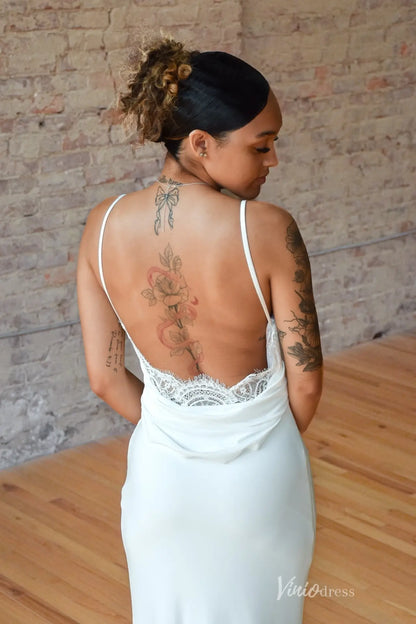 Elegant Ivory Crepe Sheath Wedding Dress with Spaghetti Straps, Cowl Neckline, Deep Open Back & High Slit – MN140-wedding dresses 2026-Viniodress-Ivory-Custom Size-