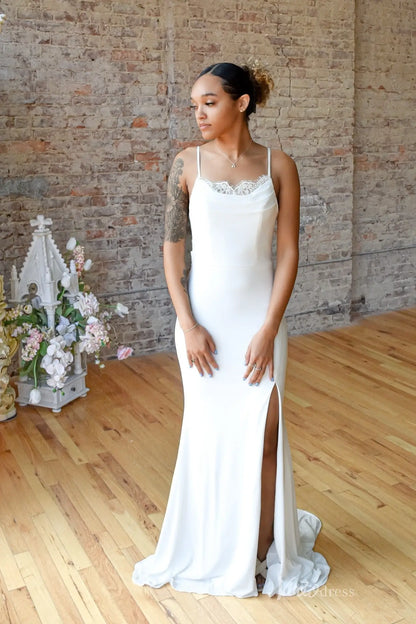 Elegant Ivory Crepe Sheath Wedding Dress with Spaghetti Straps, Cowl Neckline, Deep Open Back & High Slit – MN140