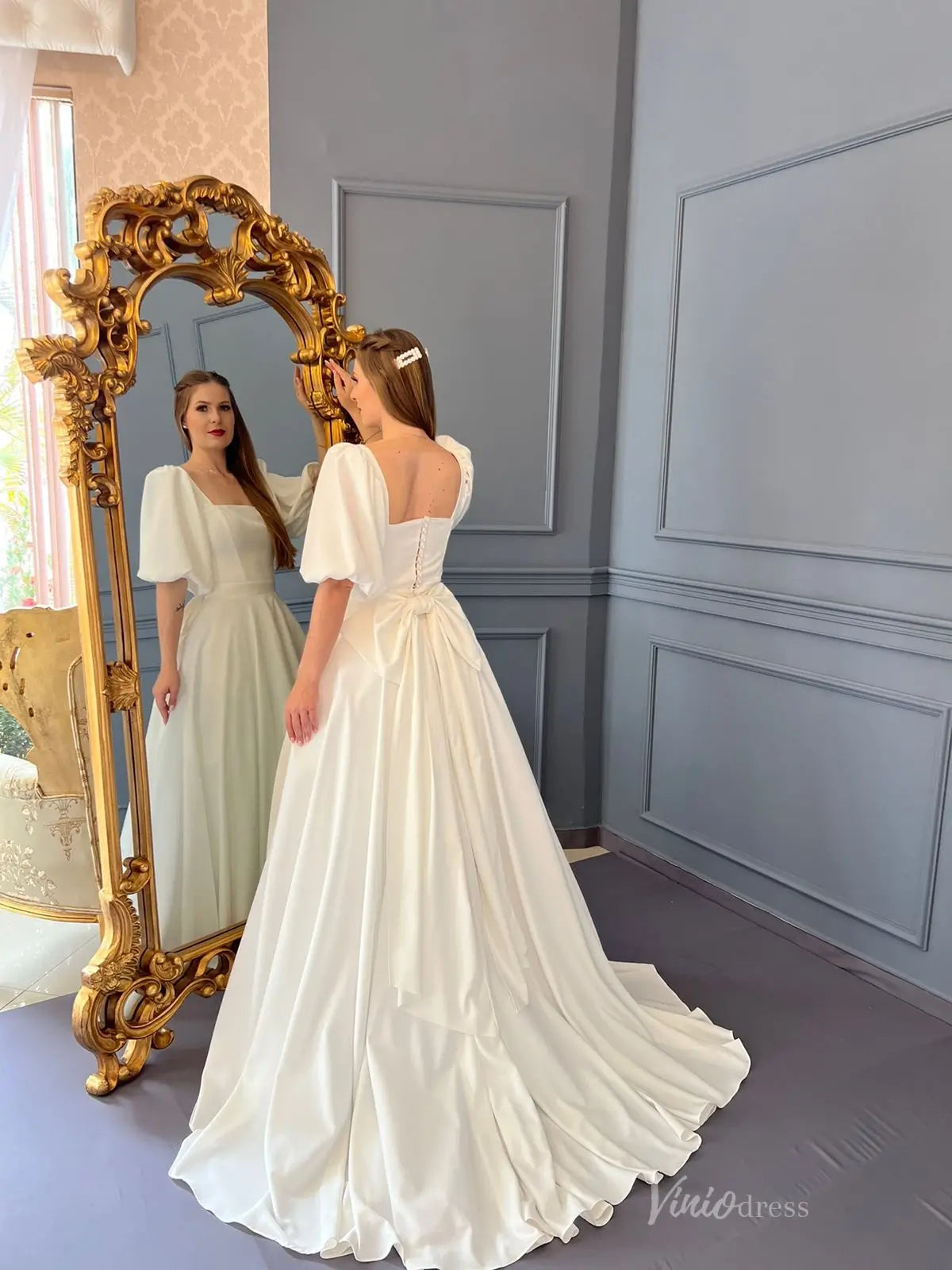 Elegant Ivory Crepe Wedding Dress with Square Neck, Puff Sleeves, Back Bow & Chapel Train – MS125-wedding dresses 2025 -Viniodress-Ivory-Custom Size-