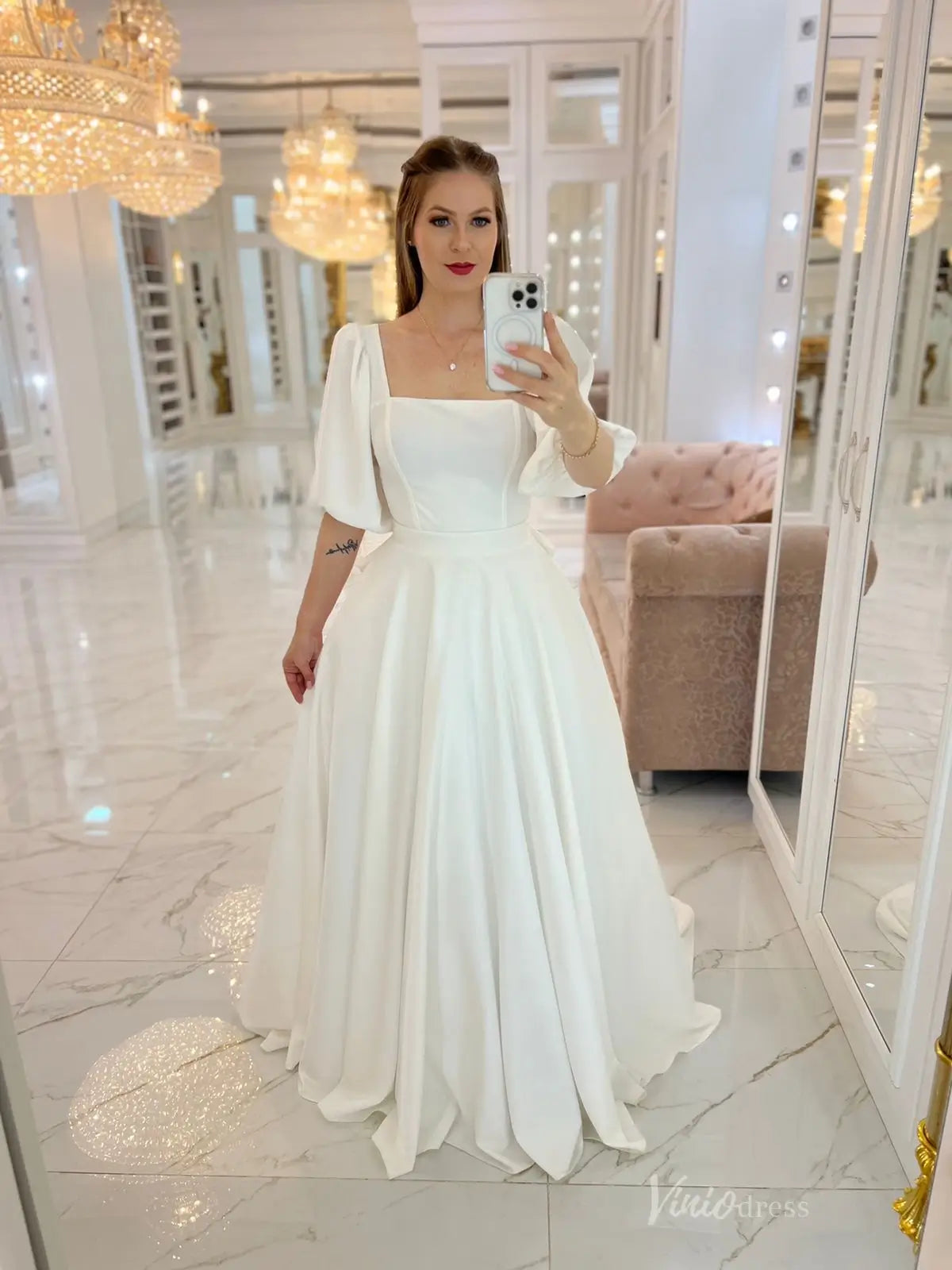 Elegant Ivory Crepe Wedding Dress with Square Neck, Puff Sleeves, Back Bow & Chapel Train – MS125-wedding dresses 2025 -Viniodress-Ivory-Custom Size-