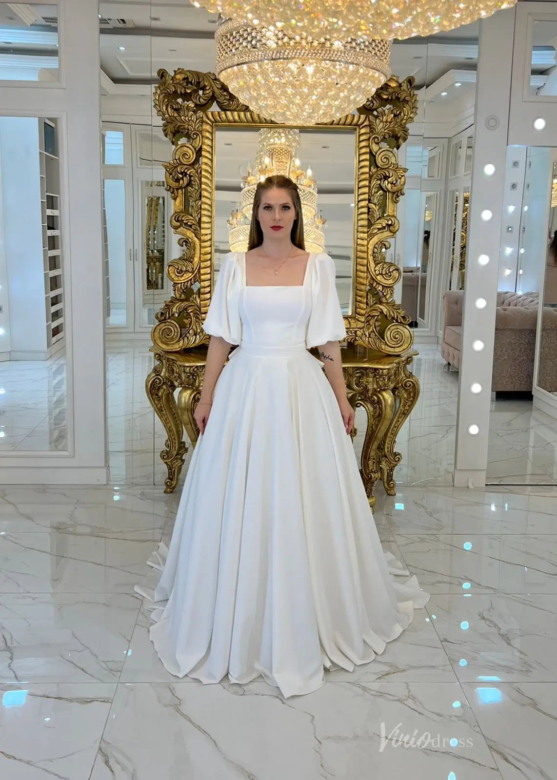 Elegant Ivory Crepe Wedding Dress with Square Neck, Puff Sleeves, Back Bow & Chapel Train – MS125-wedding dresses 2025 -Viniodress-Ivory-Custom Size-