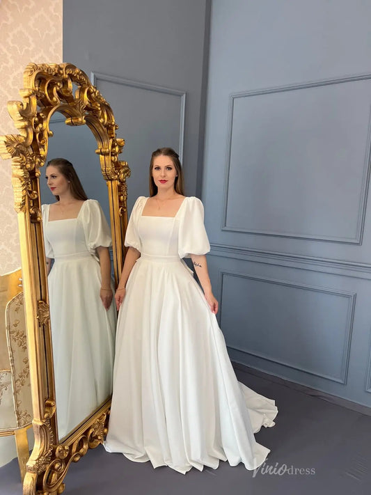 Elegant Ivory Crepe Wedding Dress with Square Neck, Puff Sleeves, Back Bow & Chapel Train – MS125-wedding dresses 2025 -Viniodress-Ivory-Custom Size-
