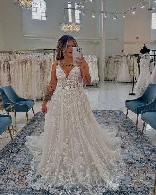 Elegant Ivory Floral Lace A-Line Plus Size Wedding Dress with Plunging Neckline & Sheer Chapel Train – LA147-wedding dresses 2025 -Viniodress-Ivory-Custom Size-
