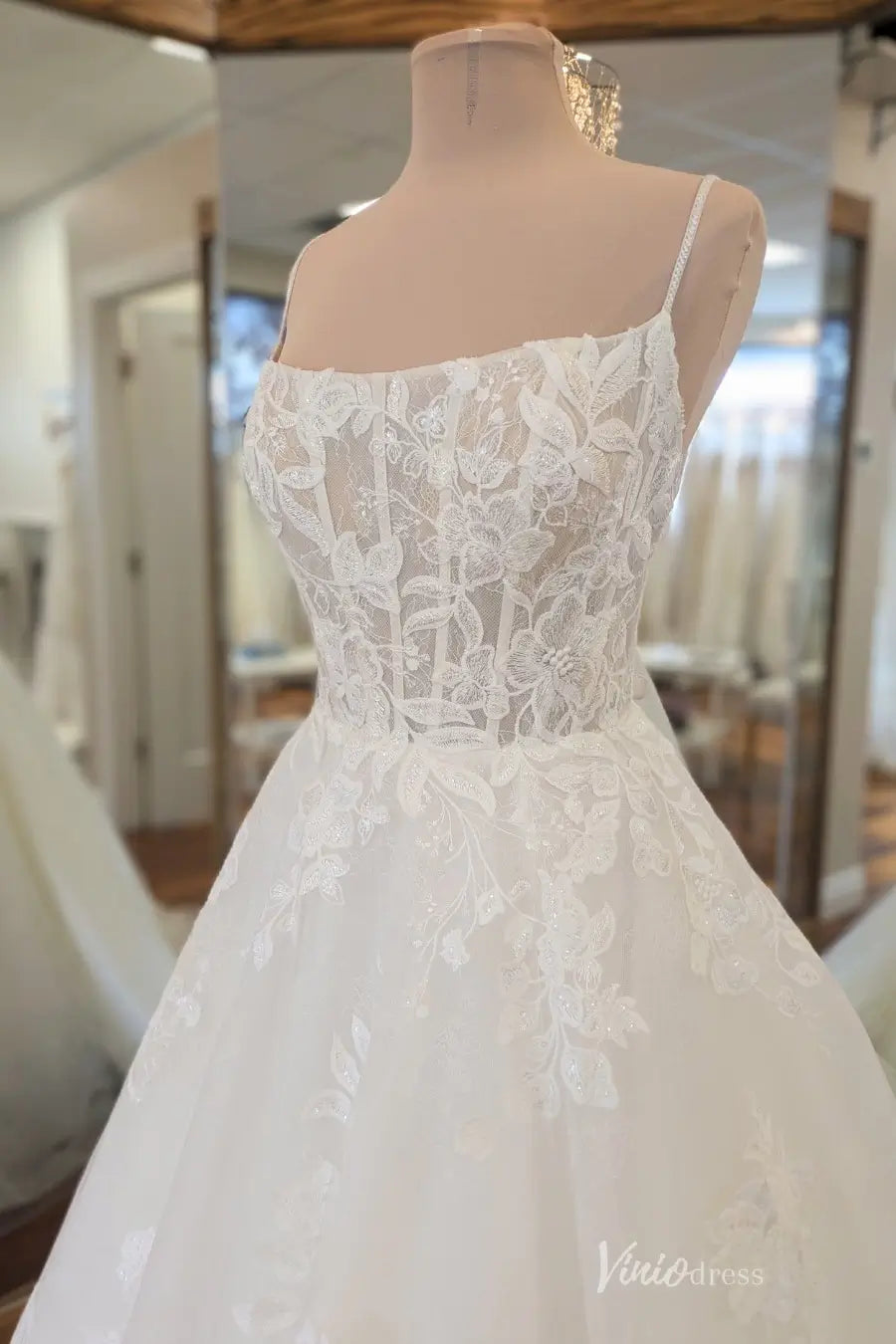 Elegant Ivory Floral Lace A-Line Wedding Dress with Sheer Corset Bodice, Spaghetti Straps & Chapel Train – LA157-wedding dresses 2026-Viniodress-Ivory-Custom Size-