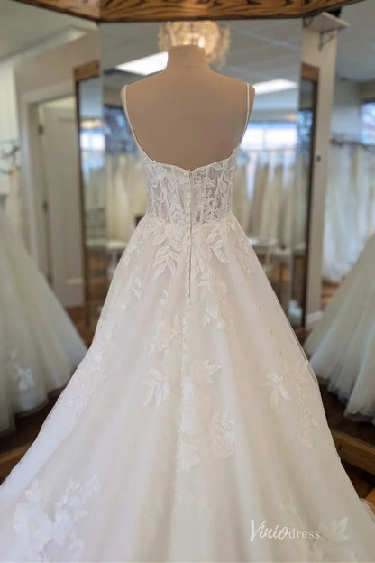 Elegant Ivory Floral Lace A-Line Wedding Dress with Sheer Corset Bodice, Spaghetti Straps & Chapel Train – LA157-wedding dresses 2026-Viniodress-Ivory-Custom Size-