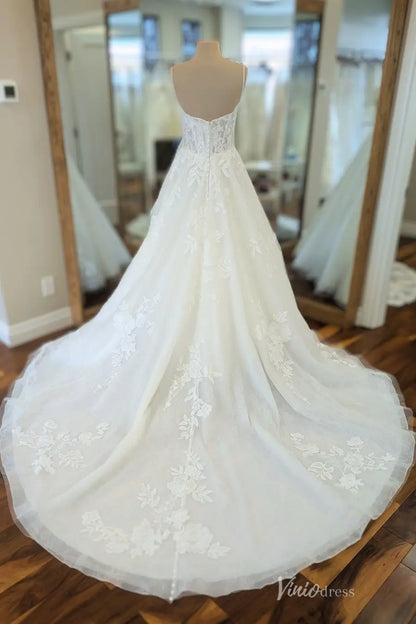 Elegant Ivory Floral Lace A-Line Wedding Dress with Sheer Corset Bodice, Spaghetti Straps & Chapel Train – LA157-wedding dresses 2026-Viniodress-Ivory-Custom Size-
