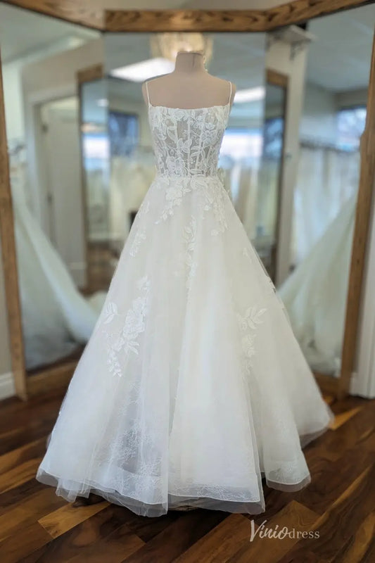 Elegant Ivory Floral Lace A-Line Wedding Dress with Sheer Corset Bodice, Spaghetti Straps & Chapel Train – LA157