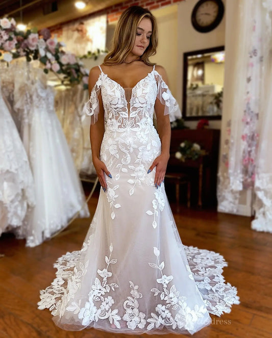 Elegant Ivory Floral Lace Mermaid Wedding Dress with Plunging Illusion Bodice, Removable Off-Shoulder Sleeves & Chapel Train – ML148-wedding dresses 2025 -Viniodress-Ivory-Custom Size-