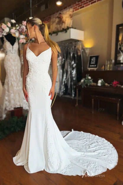 Elegant Ivory Lace Appliqué Mermaid Wedding Dress with Spaghetti Straps, Low Back & Chapel Train – SL004