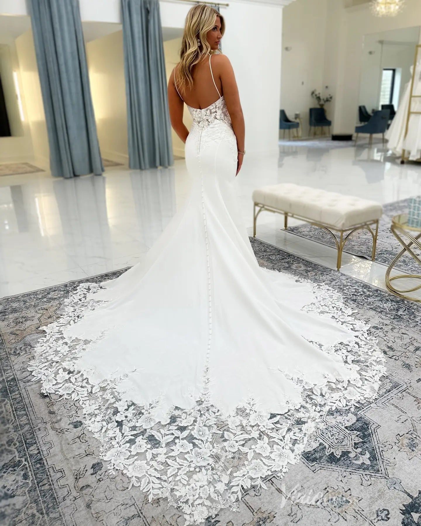 Elegant Ivory Lace Appliqué Mermaid Wedding Dress with Spaghetti Straps, Sheer Bodice & Cathedral Train – SL007