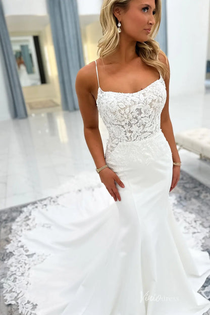 Elegant Ivory Lace Appliqué Mermaid Wedding Dress with Spaghetti Straps, Sheer Bodice & Cathedral Train – SL007