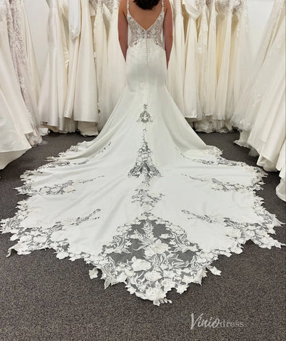 Elegant Ivory Lace Mermaid Wedding Dress with Deep V Neckline, Sheer Bodice & Cathedral Train – SL003-wedding dresses 2026-Viniodress-Ivory-Custom Size-