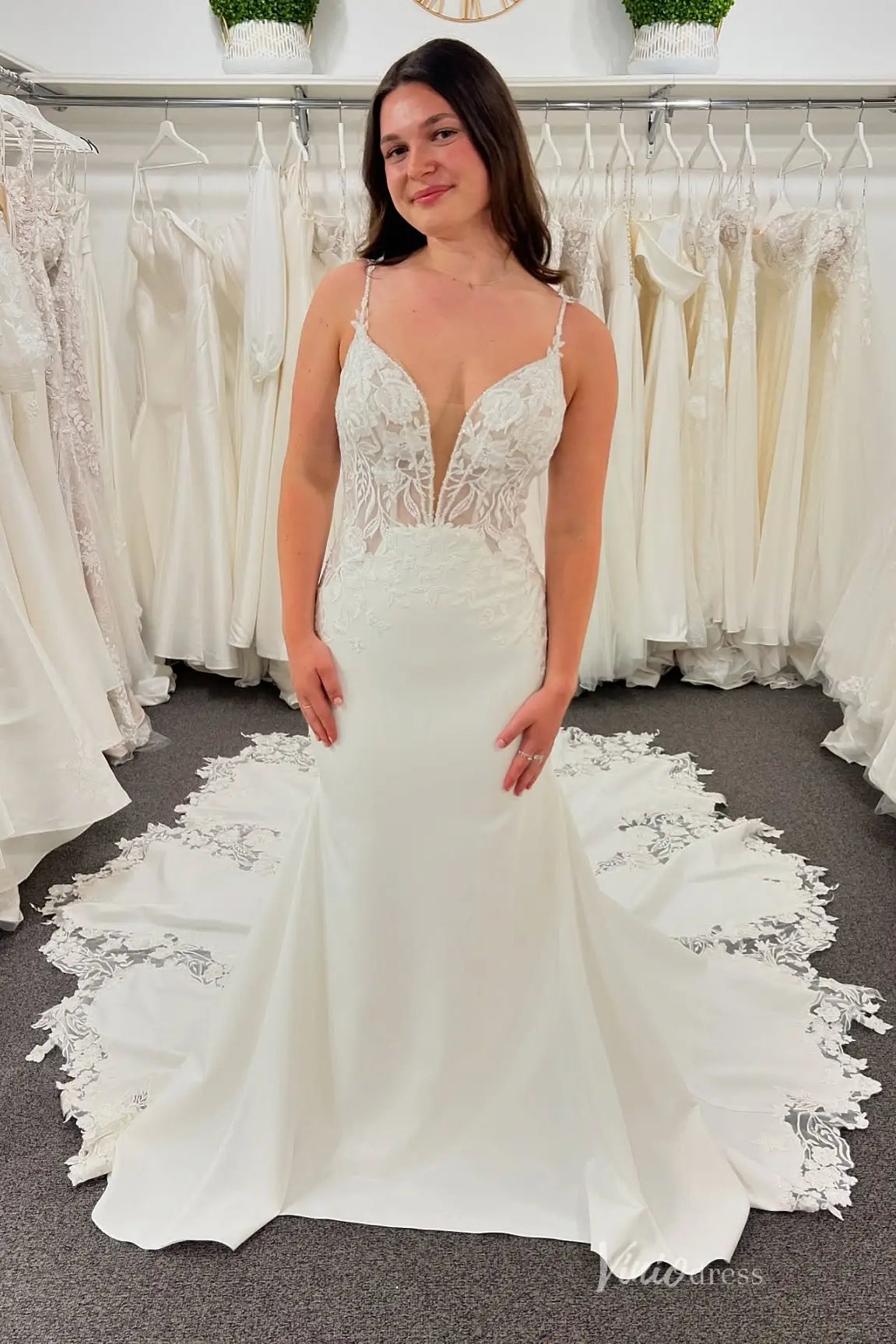 Ivory Lace Mermaid Wedding Dress with Deep V Neckline & Cathedral Train – SL003 – Viniodress Ivory Lace Mermaid Wedding Dress with Deep V Neckline & Cathedral Train – SL003 – Viniodress