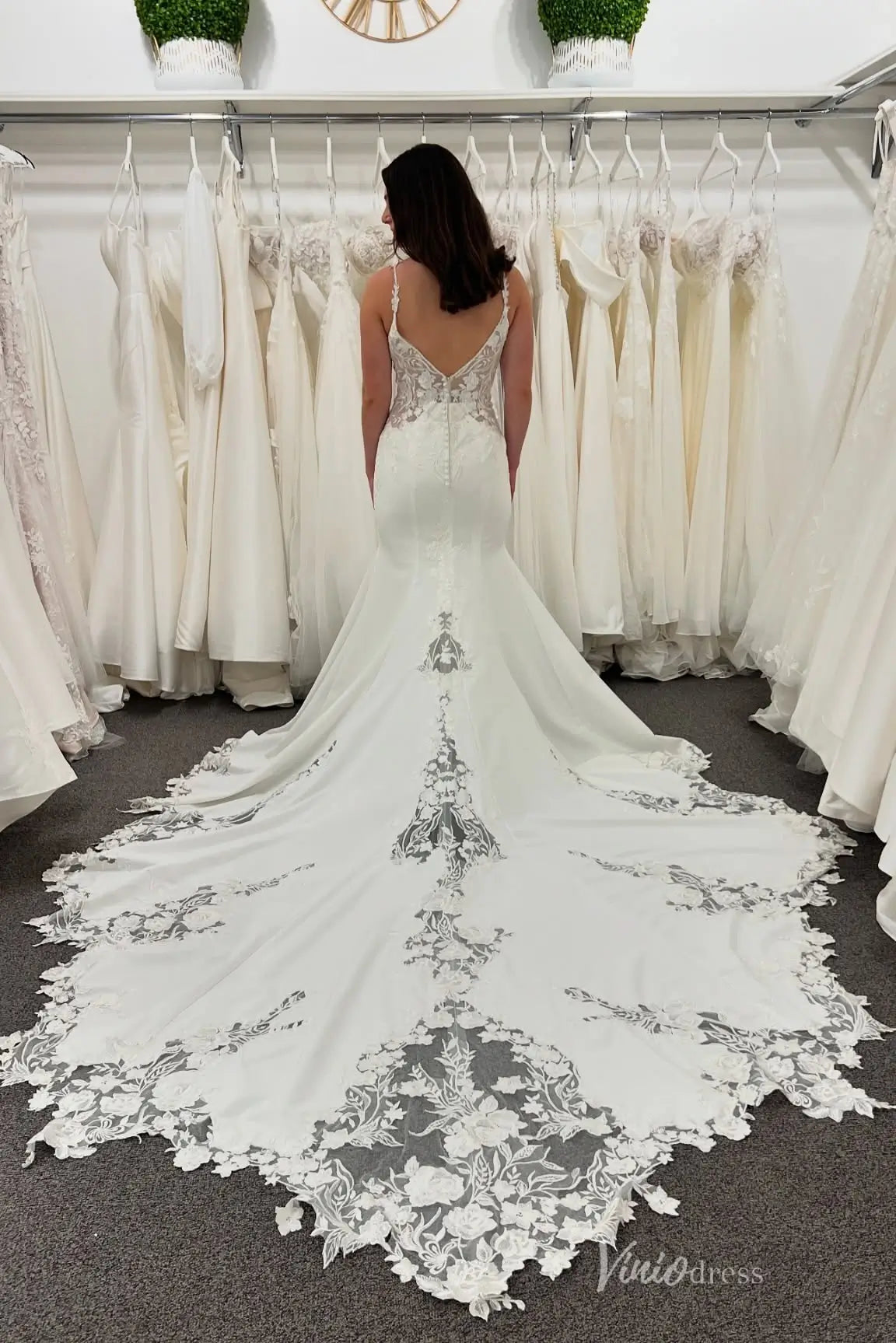 Elegant Ivory Lace Mermaid Wedding Dress with Deep V Neckline, Sheer Bodice & Cathedral Train – SL003