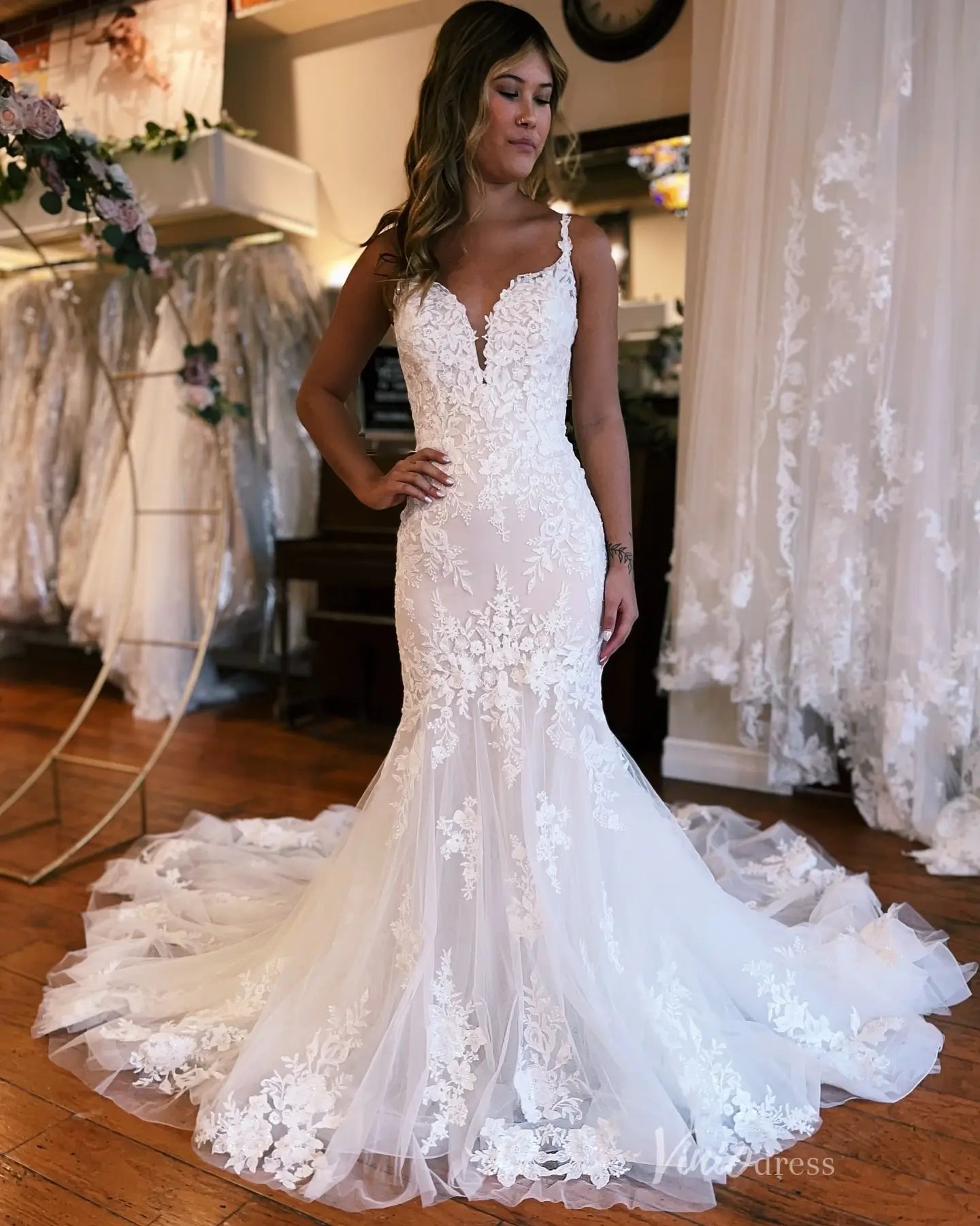 Elegant Ivory Lace Mermaid Wedding Dress with Floral Straps, Deep V Neckline & Chapel Train – ML173