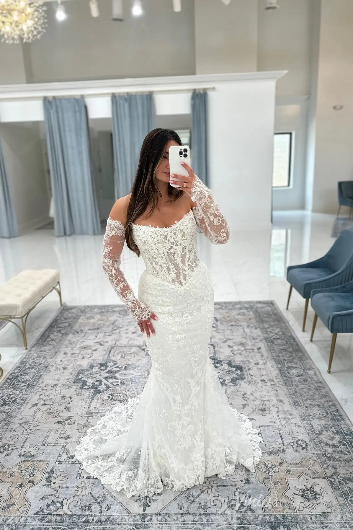 Elegant Ivory Lace Mermaid Wedding Dress with Sheer Lace Bodice & Chapel Train – ML159-Evening Dresses 2026-Viniodress-Ivory-Dress only-Custom Size