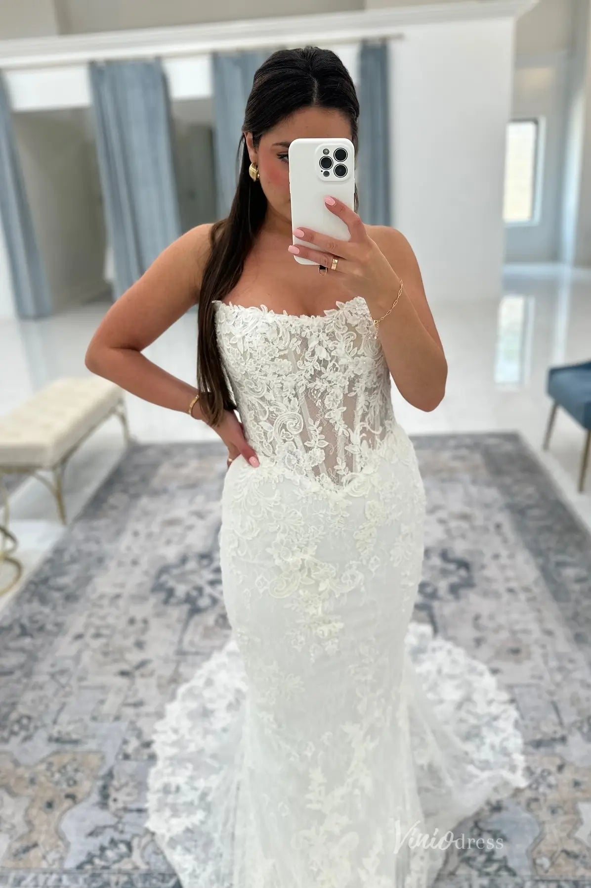 Elegant Ivory Lace Mermaid Wedding Dress with Sheer Lace Bodice & Chapel Train – ML159-Evening Dresses 2026-Viniodress-Ivory-Dress only-Custom Size