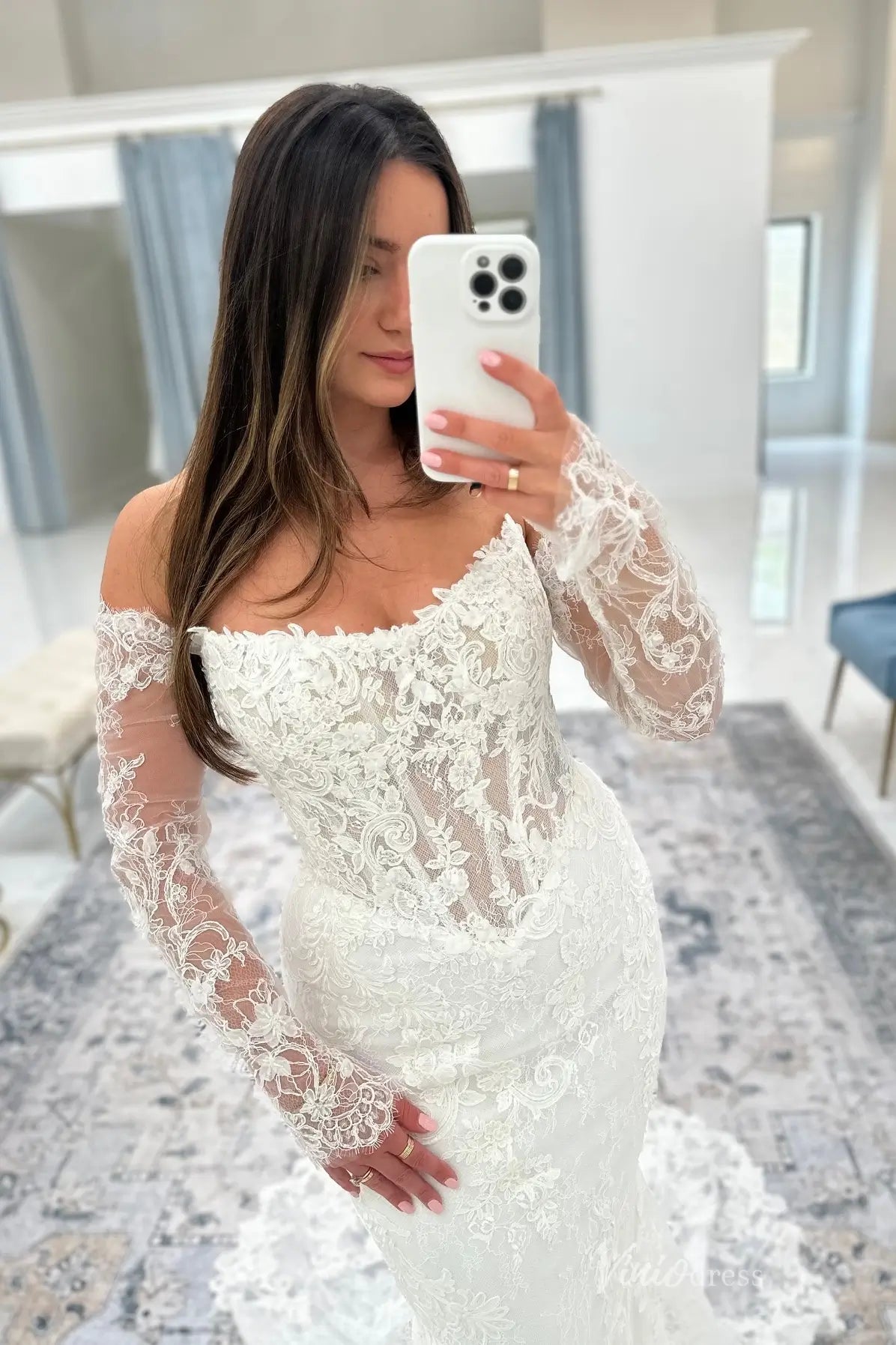 Elegant Ivory Lace Mermaid Wedding Dress with Sheer Lace Bodice & Chapel Train – ML159-Evening Dresses 2026-Viniodress-Ivory-Dress only-Custom Size