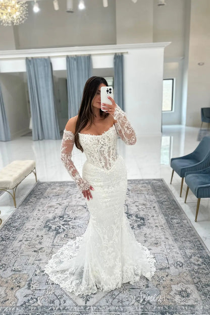 Elegant Ivory Lace Mermaid Wedding Dress with Sheer Lace Bodice & Chapel Train – ML159-Evening Dresses 2026-Viniodress-Ivory-Dress only-Custom Size