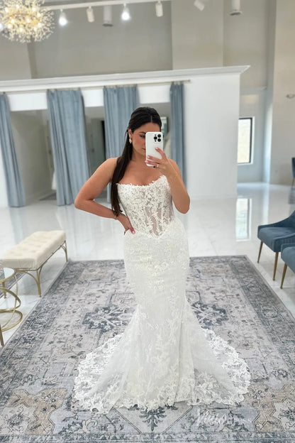 Elegant Ivory Lace Mermaid Wedding Dress with Sheer Lace Bodice & Chapel Train – ML159-Evening Dresses 2026-Viniodress-Ivory-Dress only-Custom Size