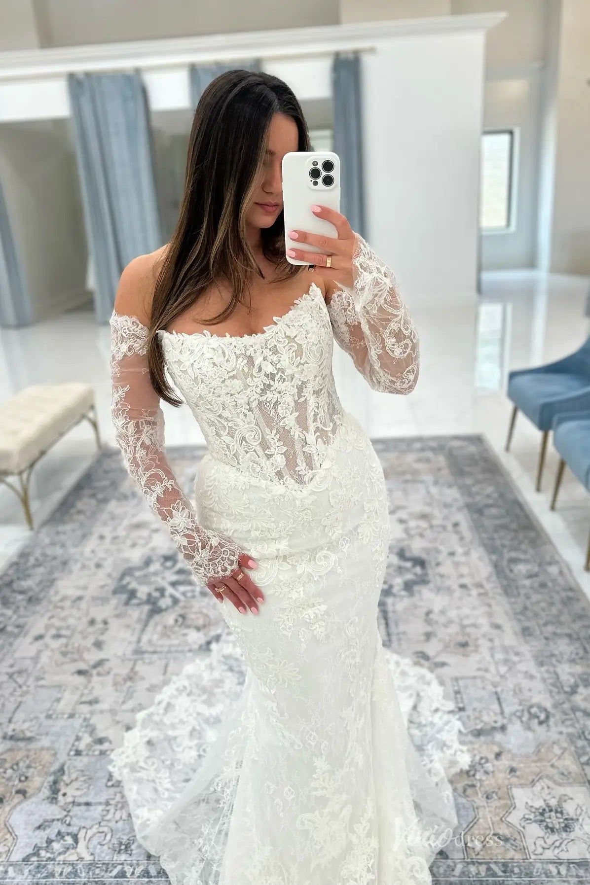 Elegant Ivory Lace Mermaid Wedding Dress with Sheer Lace Bodice & Chapel Train – ML159