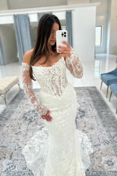 Ivory Lace Mermaid Wedding Dress with Sheer Bodice & Chapel Train – ML159 –  Viniodress