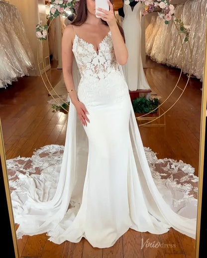 Elegant Ivory Mermaid Wedding Dress with 3D Floral Sheer Bodice & Detachable Lace Cape – MN136-wedding dresses 2025 -Viniodress-Ivory-Custom Size-